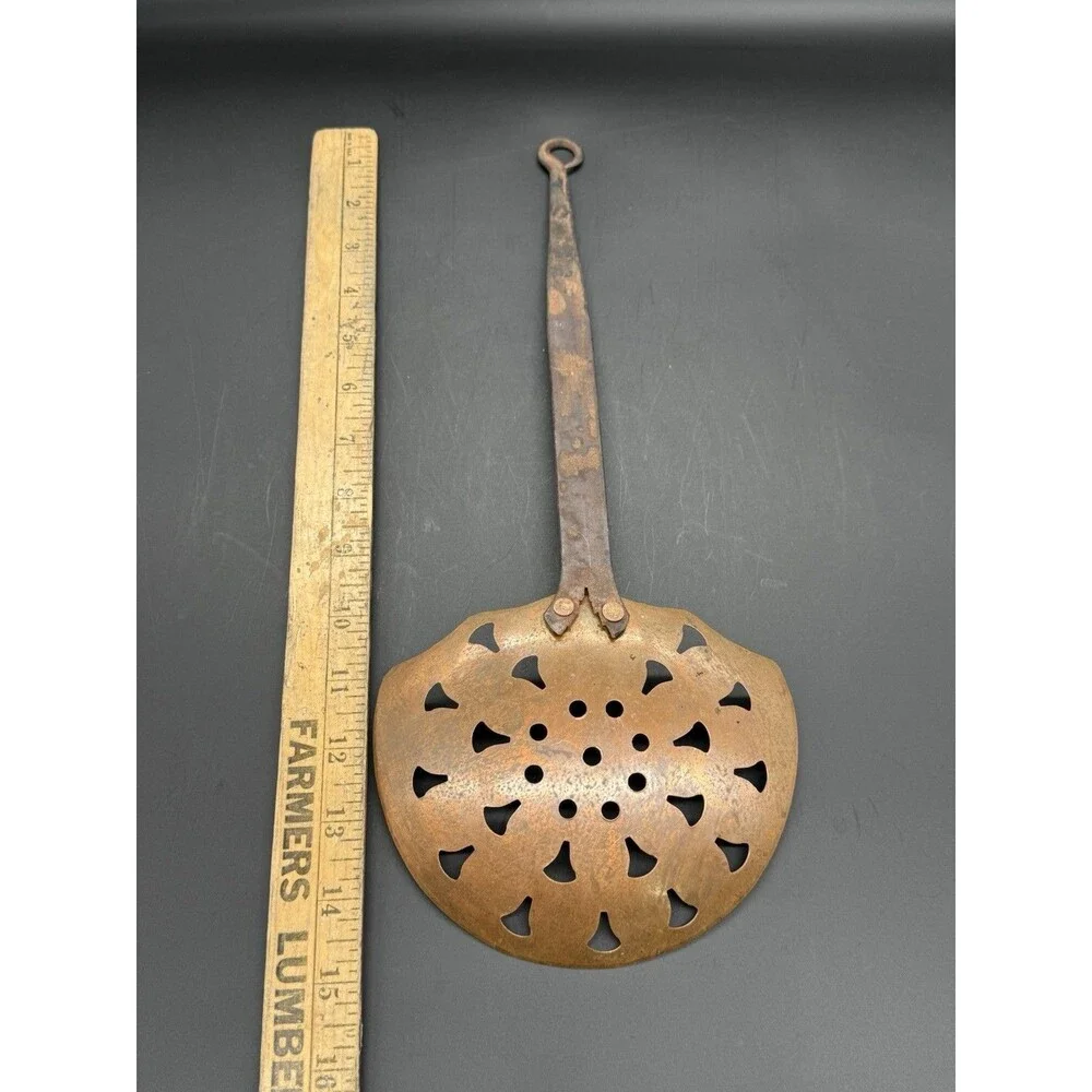 Antique Metal Skimmer Hearth Strainer Spoon, Cutout, Hanging Loop, Copper